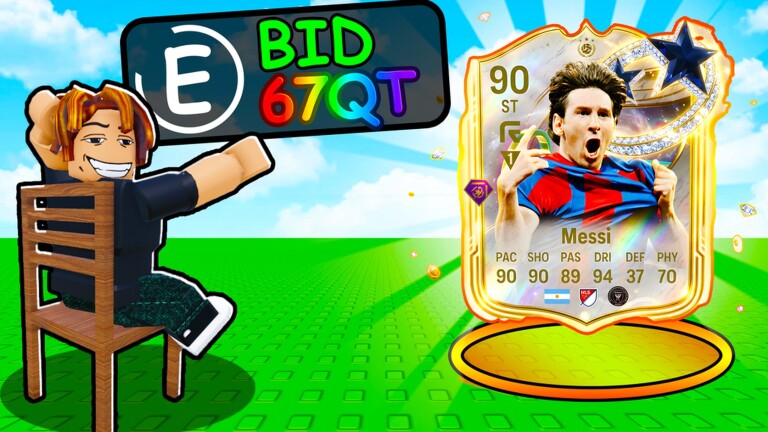 Bid For Soccer Cards Roblox auction with a 90 ST Messi card and a 67QT bid